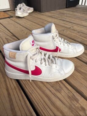 Nike White High-Top Sneakers with Hot Pink Swoosh